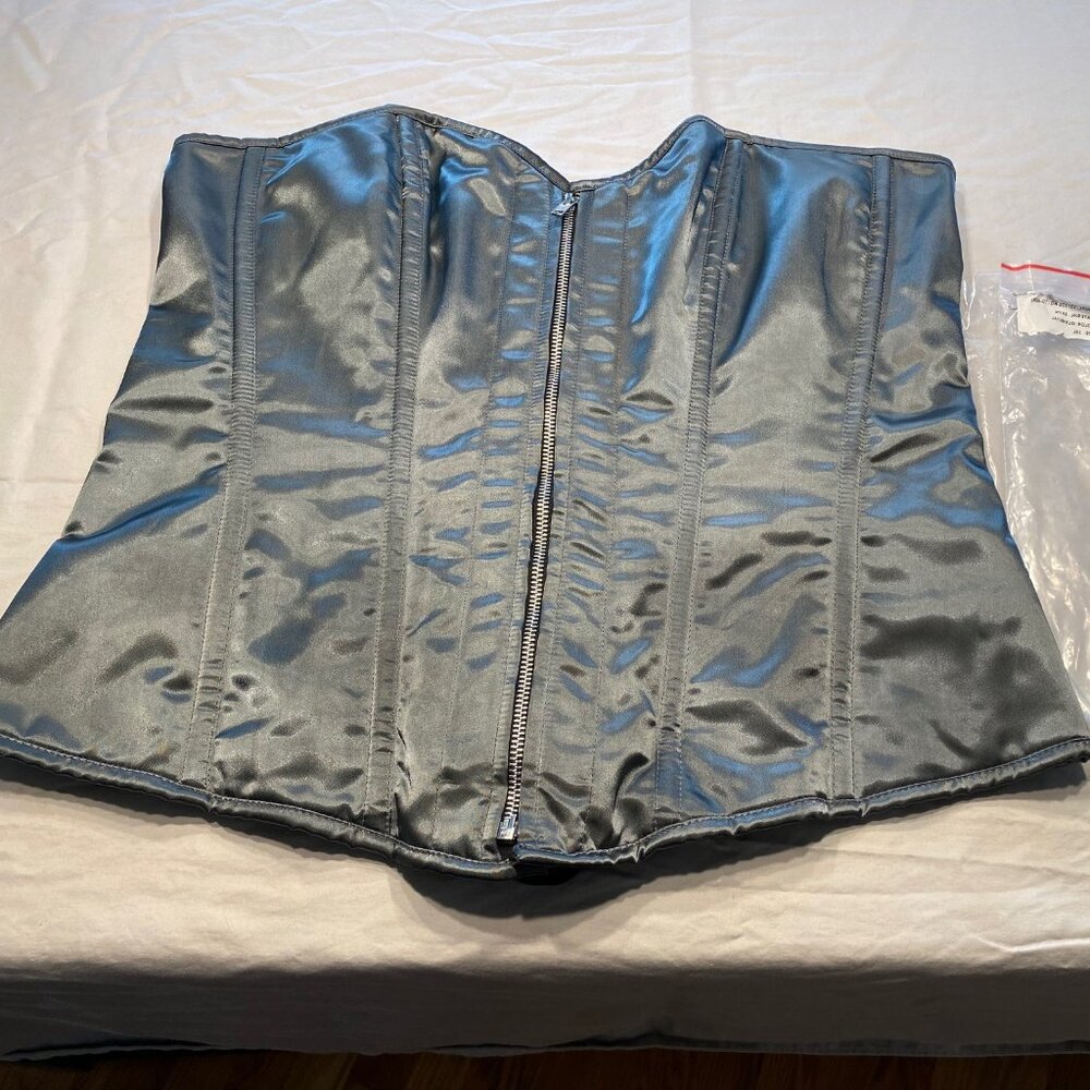 Daisy “Top Drawer” *Gently Loved* Gunmetal Grey Satin Corset, Sized 3XL